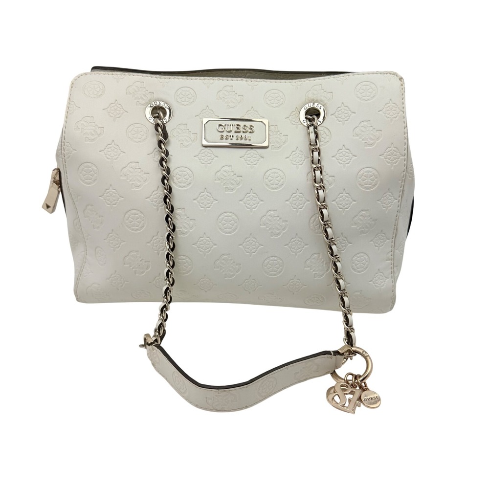 GUESS Logo Love Satchel White Faux Leather Y2Kโ Style Girlfriend Shoulder Bag